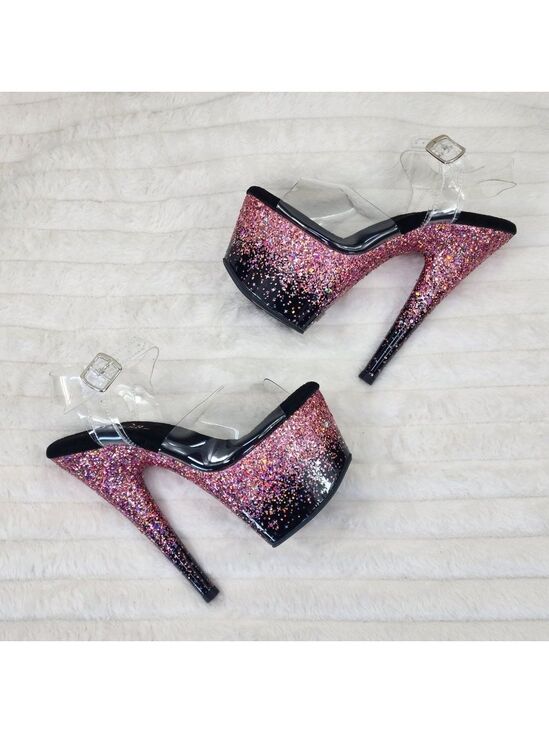 Pleaser Shoes - Adore 708SS Pink Hologram Glitter Ombre Platform Ankle Strap Platform 7" Heels